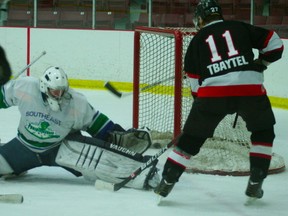 Kenora's Mike English puts the puck past the South East goalie after grabbing Kevin Webb's rebound. The Senior Thistles defeated the Prairie Thunder 7-4. 

GRACE PROTOPAPAS/KENORA DAILY MINER AND NEWS/QMI AGENCY