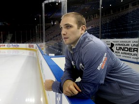 Edmonton Oilers' defenceman Mark Fistric looks out from the bench after the team held an off ice practice on January 17.
Perry Mah/Edmonton Sun