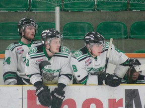 Drayton Valley Thunder players watch the final seconds of Game Four against the Bonnyville Pontiacs at the Omniplex on Mar. 9. The Pontiacs won the game 7-0, eliminating the Thunder from the AJHL post-season.
