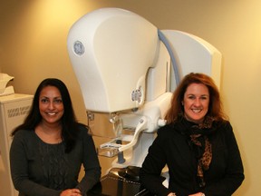 Dr. Azra Khan, chief- diagnostic imaging, Brant Community Healthcare System, and Nancy Wheeler, manager, stand alongside one of the twin mammography machines at Brantford General Hospital.  (Submitted Photo)