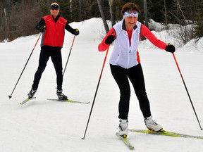 Nick Kanya-Forstner, left, and Brenda Smith give a final push at the Porcupine Ski Runners' 12-Hour Challenge. Organizers were flooded with an unexpected turn-out of skiers which made for a relaxed day of fun, exercise and socialization.