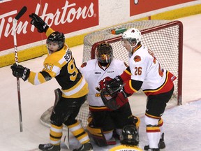 Kingston Frontenacs’ Sam Bennett celebrates his goal against Belleville Bulls goalie Malcolm Subban as Stephen Silas moves in too late during Ontario Hockey League action at the K-Rock Centre on Monday night. The Bulls won 4-2. (Ian MacAlpine/The Whig-Standard)