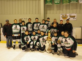 The annual Elaine Irwin Memorial tournament took place on Sunday, with a lot of fanfare and great hockey played. The Ripley Bantam Development team played some excellent hockey to win the 'A' side championship. Back row: (L to R), Brian Saunders, Shawn McCarthy, Brad Murray, Brady Johnson, Lance Taylor, Caleb Campbell, Kody Thompson, Trent Parrier, Devon Husk, Kevin Murray Josh Colling and Sean Johnson. Front: Kale Kierticky, Chase Meurs, Adam Ballagh, Lucas Jorg, Aidan Jamison, Amen Saunders and Jordan Meurs.