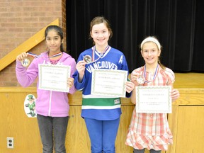 Junior finalists: first place went to Grade 6 student Diya Parikh of ÉPESCS who did her speech on superstitions, second place went to another Grade 6 ÉPESCS student Sasha Morano who did her speech on the NHL Lockout and third place went to Grade 5 student of St. Joseph’s school, Anna Rinn who did her speech on the sporting of horses.