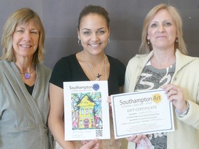 This year’s winner is Latasha Millette (pictured middle), a Grade 11 student from Saugeen District Secondary School pictured with SDSS teacher Jan Sanagan and director of Southampton Art School Darlene McConnachie.