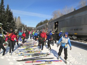 Skiers are dropped off at the remote siding of Wabos, north of Searchmont, to ski 27 kilometres back to Stokely Creek Lodge.