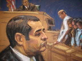 Former New York City police officer Gilberto Valle, dubbed by local media as the "Cannibal Cop" during at his trial as seen in this courtroom sketch in New York March 12, 2013. Valle was convicted of plotting to kidnap, cook and eat women following a trial that shed light on an underworld of people who derive pleasure from fantasizing about cannibalism online, March 12, 2013. REUTERS/Jane Rosenberg