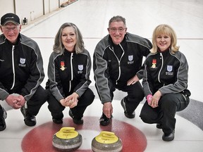 The Brant Curling Club team of (left to right) Jack McLean, Deb Weir, Dave Thomas and Kathy Wilson recently captured gold at the Ontario 55-plus Senior Winter Games in Huntsville. The team has now qualified for the Canadian Games, scheduled for Edmonton in 2014. (Submitted Photo)