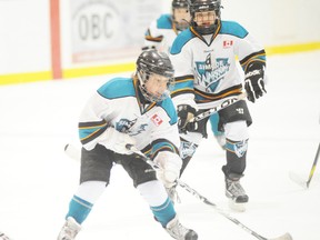 SARAH DOKTOR Times-Reformer
Simcoe's Ty Wall and Paris' Kyle Kesteloot reach for the puck during a Southern Counties playoff game at Talbot Gardens on Tuesday. The Warriors defeated the Wolfpack 2-1.