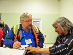 Kevin O'Toole, city councillor, surveys Clifford Wilson at the Salvation Army soup Kitchen during a city-wide homeless count last year. The Community Homeless Initiative is busy this week meeting with partners and discussing upcoming plans to help end homelessness in Grande Prairie. (DHT file photo)