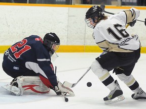 Qunte West Juvenile Hawks' Taylor Walsh tries to corral a bouncing puck in front of East Gwillimbury Eagles' goalie Ryan Hysanajg during the Eagles' 4-1 win Sunday at the Community Gardens.