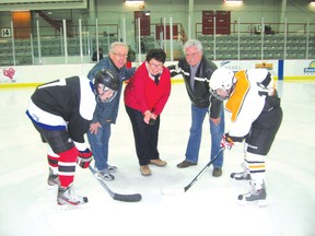 Kenora and Lake of the Woods Regional Community Foundation grants committee members Gary Socholokuk, Meg Cameron and Randy Seller drop the puck at the 3-on-3 Hockey Kids for Cancer Research tournament over the weekend. A total of $52,000 was raised and split between the Lake of the Woods District Hospital Foundation and the Canadian Cancer Society.
FILE PHOTO