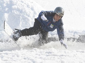 Wado Naka wipes out in the slush pit at the Gwynne Valley Ski Area March 5.