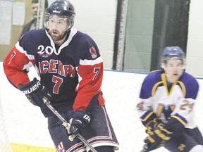 Wetaskiwin’s Steven Walker carries the puck out of the Icemen’s half during their home game against the St. Albert Merchants March 8.