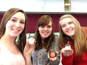 Kylee Dormer, Amanda Johnson and Bailey Arnold are proud parents during this year’s ‘egg’perience. 
Photos by Amanda Johnson/Mid-North Monitor/QMI Agency.