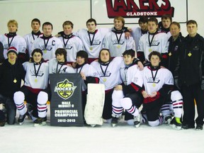 The Gladstone Lakers team celebrates their gold-medal win in the Midget C Provincial Championship. Back row (L-R): Brad Rodgers, Tyler Nichol, Ryley Dayholos, Kienan Rodgers, Owen Sollner, Jayd Smith, Cole Thompson, Christopher Single, Colt Maloney, Bailey Oswald, Gary Single, Dale Evenson. Front row (L-R): Troy Tonn, Scott Rintoul, Trey Evenson, Tyson Morrison, Gage Thomson, Josh Beaulieu, Carson Rodgers.  (Submitted photo)