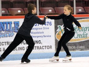 Grayson Lochhead (left) and Ella McRoberts (right) practice their free dance routine Wednesday at Southwood Arena and will take part in the Woodstock Skating Club's 78th Ice Show March 21. The two will also compete in the Provincial Championships March 23 in the juvenile category. (GREG COLGAN, Sentinel-Review)