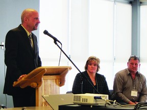 Panelists Rhonda Lodwick and Chris Bures are pictured with moderator Guy Moffat during a panel discussion on the housing situation in Portage la Prairie during a housing forum held at the PCU Centre, Wednesday. (ROBIN DUDGEON/PORTAGE DAILY GRAPHIC/QMI AGENCY)