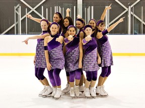 Brantford Skating Club senior girls synchronized skating members Abigail Bennett, Angelina Bujouves, Claire Melfi, Alexandria Larose, Jessica Vanderstelt, Sadie Oakes, Julianna Vilaca, Celine Larose and Jessica Dowden prepare for the 63rd Annual Production to the theme of Jersey Boys. The Production will be held on March 23, 2013 at the Brantford civic centre with two showings, 1 p.m. and 7 p.m. (KARA WILSON For The Expositor)