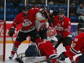 The Dundas Real McCoys have made life in front of goaltender Brock Novak miserable for the Brantford Blast during the Robertson Cup championship series. Game 3 is Friday at the civic centre. (DARRYL G. SMART The Expositor)