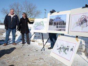 Scenic City Order of Good Cheer president Bill Jackson and Owen Sound Mayor Deb Haswell with plans for a new playground, picnic shelter and pickleball court for Victoria Park.