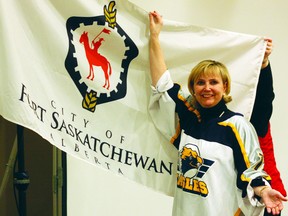 A friendly bet between municipalities meant that Mayor Gale Katchur had to don a Stony Plain Eagles jersey at Tuesday’s council meeting, as the Chiefs could not overcome the first round of provincial playoffs.

Photo by Aaron Taylor/Fort Saskatchewan Record/QMI Agency