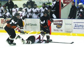 Fort Saskatchewan Fury forward Talyn Skoye takes a tumble as she goes after the puck in Friday night’s 3-0 win over the Thorsby Thunder.

Photo by Ben Proulx/Fort Saskatchewan Record/QMI Agency