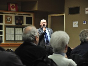 Whitewater Mayor Jim Labow addresses a large crowd gathered at the Westmeath Community Centre on Wednesday night, March 13 for the third and final public meeting on the abolition of the ward system for the next municipal election in 2014.
