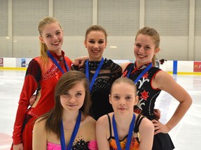 Anna Kjemhus (back, l-r), Samantha Beida, Nicole Sunde, and Carlye Dyrkach (front, l-r), Emily Curtis all returned from Rocky Mountain House with medals for their respective STARSkate performances. (Photo courtesy GP Skating Club)