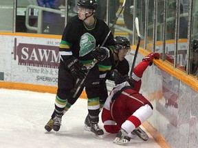 Things have become a bit ugly between the North Edmonton Red Wings and the Sherwood Park Junior B Knights, who lead the CJHL semifinals 3-1. Photo by Shane Jones/Sherwood Park News/QMI Agency