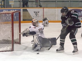 Lloydminster goalie Cassidy McEwan makes a big kick save during the Sherwood Park Bantam AAA Royals 2-1 victory over the Ice Cats on Wednesday at the Arena. The Royals lead the best-of-three North Division finals 1-0. Photo by Shane Jones/Sherwood Park News/QMI Agency