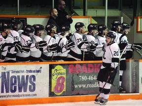 The Crusaders bench celebrates a goal during a regular season game. Game 1 of the Cru’s second-round playoff series against the Spruce Grove Saints began on Thursday, March 14 in Spruce Grove, past press time.