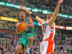 We’re just going to go ahead and guess that this isn’t the type of defence the Raptors want to see from Jonas Valanciunas. (AFP)