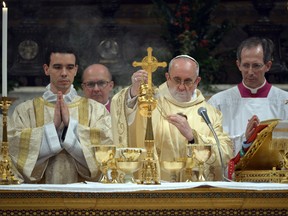 Pope Francis at his first Mass with cardinals in the Sistine Chapel in Vatican City, March 14, 2013. (WENN.COM)