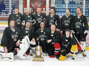 SUBMITTED PHOTO    Chico’s Wonder Pups captured the Steven McLaughlin Memorial Trophy as the men’s recreation champs at the second annual Beachburg Memorial Hockey Tournament. Team members (back from left) were Myles McLaughlin, Rick Boudreau, Hugh Martin, Tyson Bromley, Rob Cotnam, and Tom Walker. In the front (from left) Matt "Fish Sticks" Troutman, Dan Regalbuto, Derek McLaughlin, Roger Martin and Kyle Martin. Missing were Jack Lavallee, Terry Burwell and Dean Peever.