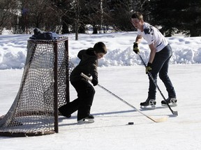 It was a perfect day to take in some shinny at the outdoor rink in Centennial Park on a warm, sunny Saturday, Mar. 9. Outdoor rinks in Devon will be finished for the season soon however. After the recent spate of warm weather, over 50 per cent of the ice has melted away, and town staff will no longer be maintaining the surfaces, though they will remain open for use.