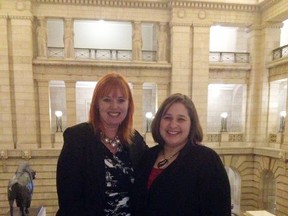 Housing and Community Development Minister Kerri Irvin-Ross pictured with Portage Community Revitalization Corporation (PCRC) executive director Elicia Funk during a breakfast meeting at the Manitoba Legislature, Thursday. (SUBMITTED PHOTO)