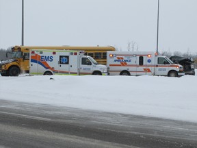 Mayerthorpe RCMP, EMS and firefighters respond to a mid-morning collision at the turning lane between the lanes of Highway 43 by the Highway 18 (Green Court turnoff) at about 11 a.m. on Friday, March 15. Giving a preliminary report at 11:40 a.m., RCMP Cpl. Gabriel Graham said a school bus was carrying 22 cadets and being followed by a pickup truck in left lane of Highway 43. The bus slowed to turn left and the pickup truck couldn't stop or move lanes in time. The truck struck back end of school bus damaging pickup truck front end. Ambulance attended and checked out the two occupants of the pickup truck who were released on the scene with no injuries. There were no injuries to anyone on the bus. The corporal said it appeared the snow on the road was  to blame. The collision is still under investigation.