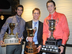 Soo Greyhounds Ryan Sproul (left) Nick Cousins, and Brandon Alderson won or shared three team awards Friday night.