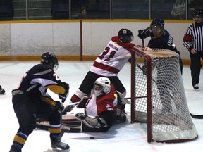 Kirkland Lake Gold Miners' forward Jean-Michel Naud scores one of his two goals during Friday's 5-2 playoff win against Blind River.