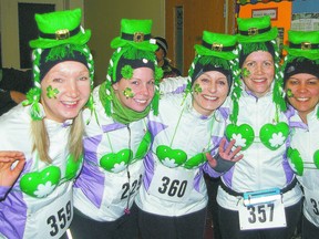 Shelly Segui, left, Sarah Leason, Hilary Root, Cindy Sigurdson, Sandy Andersen and Amy McWhirter appeared in their St. Patrick's Day best for the second Shamrock Shuffle run on Saturday in St. Thomas to benefit Inn Out of the Cold. Eric Bunnell/QMI Agency/ Times-Journal
