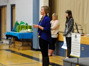 Lauren Kochendorfer delivers an impromptu speech to judges and a crowd of parents and other supports at Peace Wapiti Academy, Saturday. Kochendorfer is one of six Peace Country youngsters qualified to compete at a provincial tournament for public speaking in Olds. (Adam Jackson/Daily Herald-Tribune)