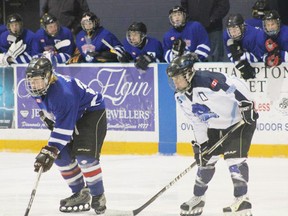 #3 Zach Walker of the Juvenile Storm and Huskies player getting ready for the puck drop during Friday night’s game.