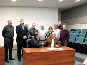 Representatives from both Whitecourt Town Council and Woodlands County Council were in attendance at the Forest Interpretive Centre on March 11 as Whitecourt Mayor Trevor Thain and Woodlands County Mayor Jim Rennie officially signed the Intermunicipal Development Agreement and Wastewater Agreement into law.
Johnna Ruocco | Whitecourt Star