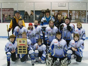 Contributed Photo
The Delhi Physio atom Rockets recently captured the LL A division championship. Pictured are, front row: Nathan Cnockaert, Kyle Watts, Jarren Cote, Michael Wong and Kole Lawson. Middle row: Alex Ash, Audrey Jayne, Jacob Schooley, Makenzie Rutherford, Adrien Patenaude and Hallee Knelsen. Back row: coaches Shawn Watts, Kyle Stackhouse and Henry Knelsen. Absent from photo are Nicholas Johnson and coach Rob Johnson.