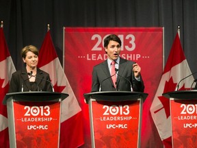 Federal Liberal Party leadership candidates Martha Hall Findlay, Justin Trudeau and Martin Cauchon (L-R) take part in a leadership candidates debate in Halifax, Nova Scotia March 3, 2013.  REUTERS/Devaan Ingraham