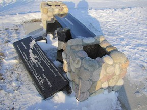 This bench, a contribution by community members to the Mayerthorpe Cemetery, was damaged, at about some time in mid February and the photograph was taken on Thursday, Feb. 21.