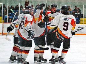 DARRYL G. SMART, The Expositor

Cam Sault and his Brantford Blast teammates celebrate his goal Sunday during Game 4 of the best-of-seven Allan Cup Hockey final series against the Dundas Real McCoys. The Blast won  9-5 to tie the series at 2-2. Game 5 is 7:30 p.m. Tuesday at the civic centre.