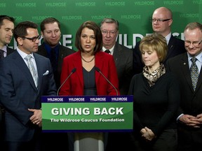 Wildrose Party leader Danielle Smith speaks about the launch of the Wildrose Caucus Foundation at the party’s offices in Edmonton on Monday. The party’s MLAs will donate a pay raise approved by Progressive Conservative MLAs to the foundation, which is a registered charity. (Ian Kucerak/QMI Agency)