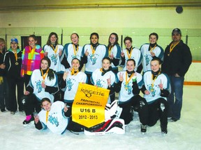 The Portage Thunder U16 ringette team celebrates their provincial gold medal.
Back row: left to right: Darla Sanderson (manager),Tina Brydges ( head coach), Morgan Miller, Kassidy Cunningham, Bailey Klyne, Jonnie Desjarlais, Kennedy Cunningham, Mackenzie Brydges, Gabi Wishart, Rob Beckley ( assistant coach)
Middle row left to right: Morgan Van Deynze, Morgan Parynuik, Camille Sanderson, Emily Smith, Leah Dickenson
Front row: CJ Wishart (Submitted photo)